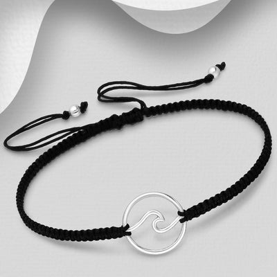 Sterling Silver Adjustable Wave Bracelet - Black