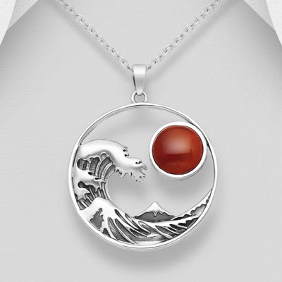 Sterling Silver Wave & Mountain Pendant with Carnelian