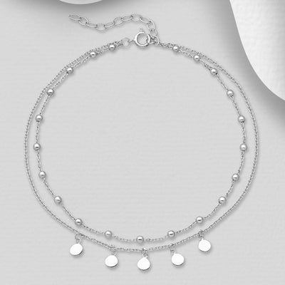 Sterling Silver Ball and Circle Dangle Charms Anklet