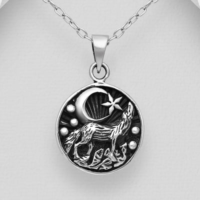 Sterling Silver Oxidised Wolf in Moon Pendant