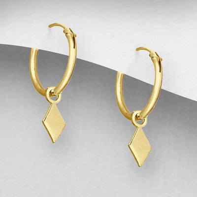 Hoop Earrings with Rhombus Charm, Plated with 0.25 Micron 18K Yellow Gold