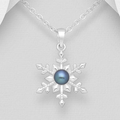 Sterling Silver Snowflake with Black Freshwater Pearl Pendant