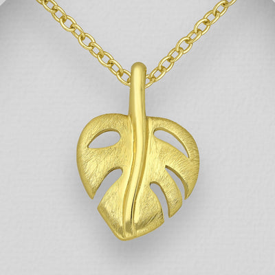 Matt Leaf Pendant, Plated with 1 Micron 14K Yellow Gold