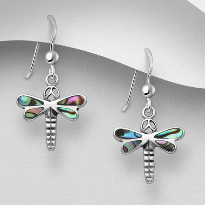 Sterling Silver & Paua Shell Dragonfly Dangly Earrings