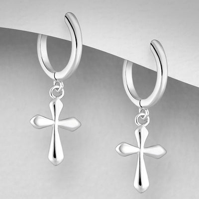 Sterling Silver Cross Hoop Sleeper Earrings