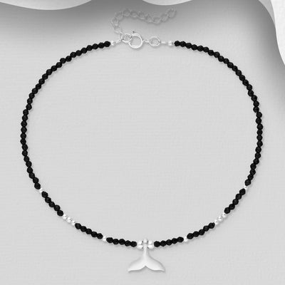 Sterling Silver Whales Tail & Black Spinel Tiny Gemstone Beaded Anklet