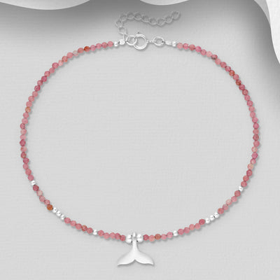 Sterling Silver Whales Tail & Pink Tourmaline Tiny Gemstone Beaded Anklet