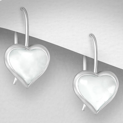 Sterling Silver & Mother of Pearl Shell Dangly Heart Earrings