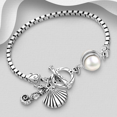 Sterling Silver Bracelet with Fish, Shell, & Freshwater Pearls