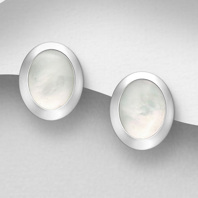 Sterling Silver Mother of Pearl Shell Oval Stud Earrings