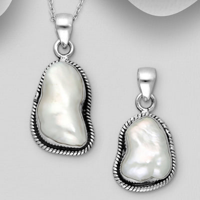 Sterling Silver Oxidized Pendant Decorated with Freshwater Pearl
