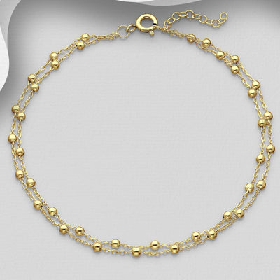Ball Layered Anklet, Plated with 1 Micron 14K Yellow Gold