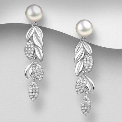Sterling Silver, Freshwater Pearl and Cubic Zirconia Stud  Dangly Earrings