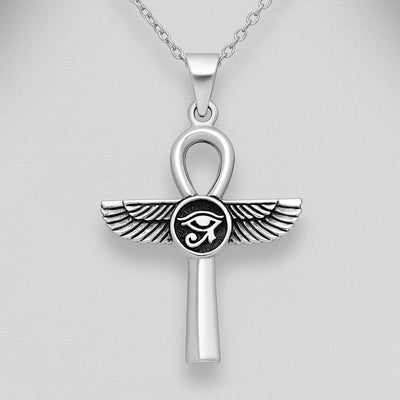 Sterling Silver Egyptian Cross with The Eye Of Ra and Wings Pendant