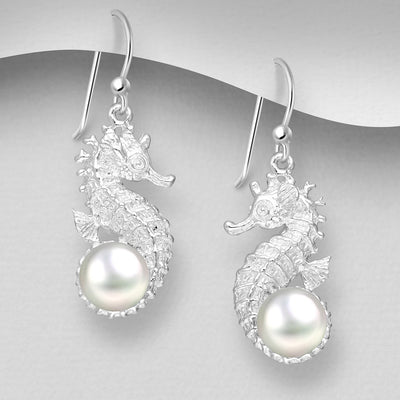 Sterling Silver Seahorse Dangly Earrings With Fresh Water Pearls