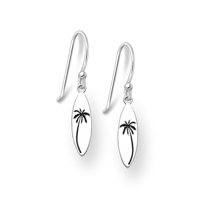 Sterling Silver Oxidized Palm Tree Surfboard Dangly Earrings