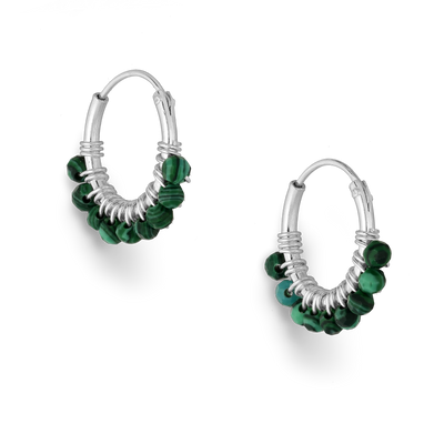 Sterling Silver Hoops with Malachite Gemstone Beads