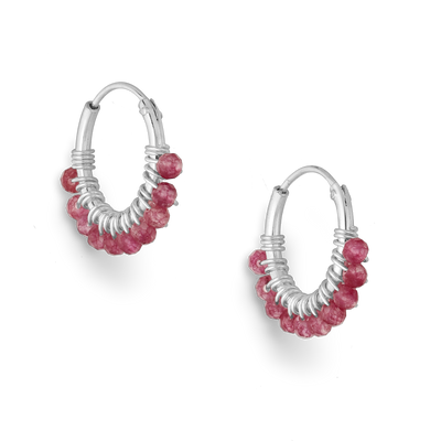 Sterling Silver Hoops with Ruby Gemstone Beads