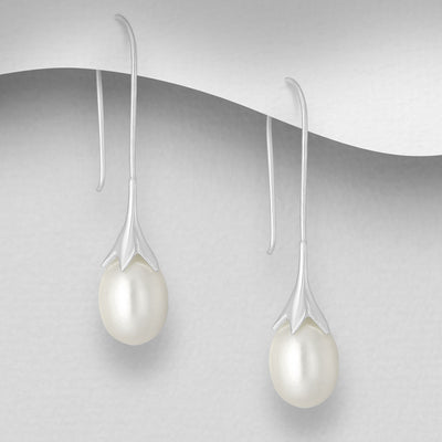 Sterling Silver White Freshwater Pearl Dangly Earrings