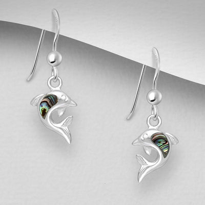 Sterling Silver & Paua Shell Dolphin Dangly Earrings
