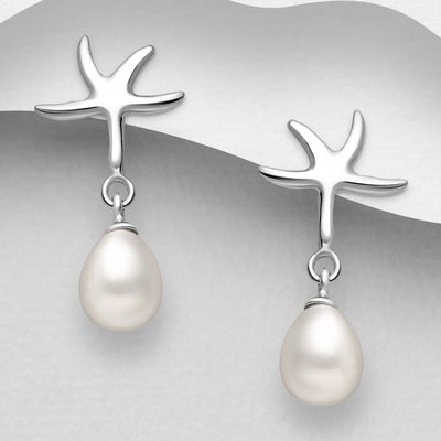 Sterling Silver Starfish & Freshwater Pearl Dangly Earrings