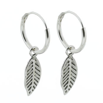 Antiqued Leaf Charm Sterling Silver Hoop Earrings
