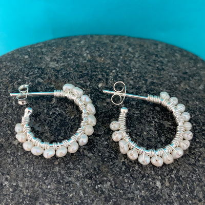 Sterling Silver Wire Wrapped Freshwater Pearl Hoop Studs