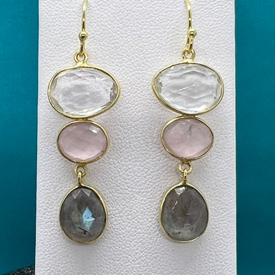 Rose Quartz, Quartz Crystal and Labradorite Earrings