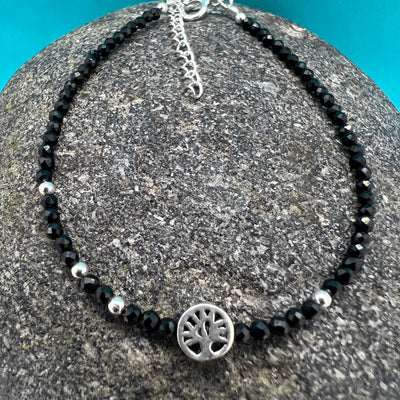 Tiny Black Spinel Bracelet with Tree of Life Charm