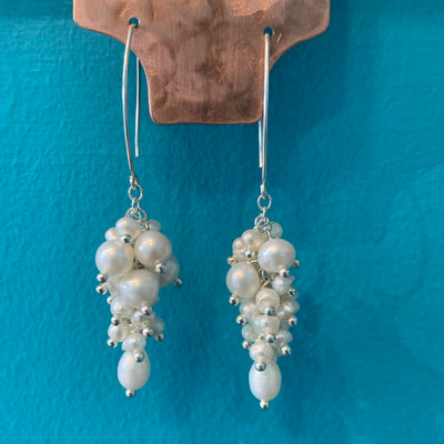 Sterling Silver White Freshwater Pearl Cluster Dangly Earrings