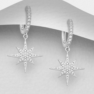 Sterling Silver Star Hoop Earrings with Cubic Zirconia